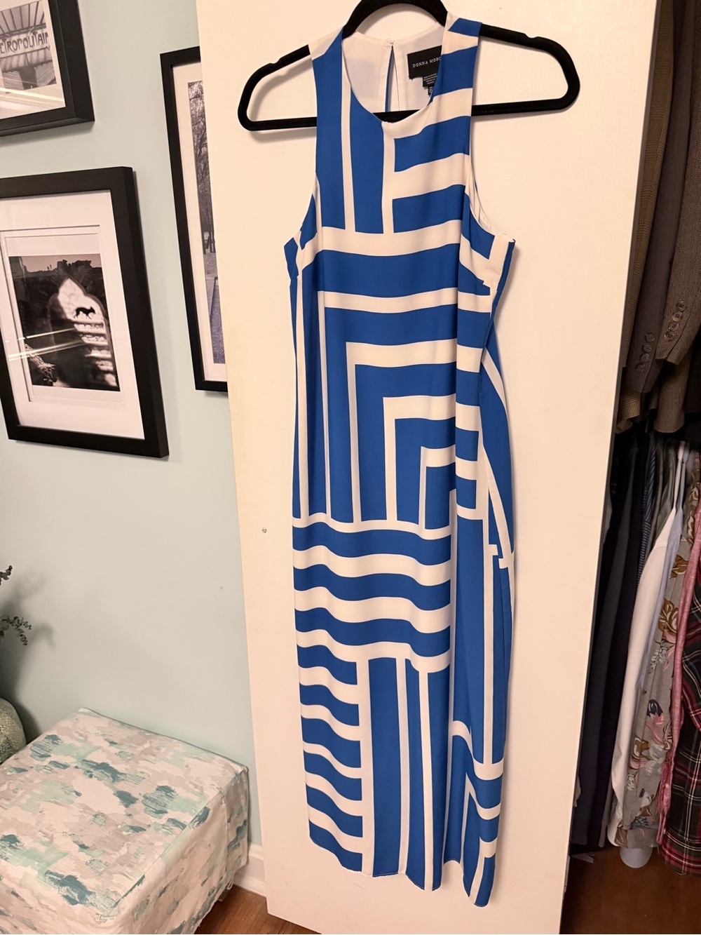 Donna Morgan Blue and White Geometric Maxi Dress